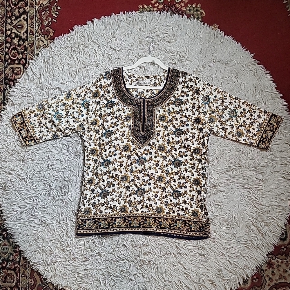 Sahiba Floral Tunic Blouse Glitter Sparkle Detail Boho Bohemian Chic Blue Gold